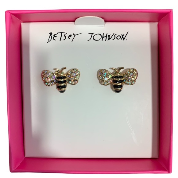 New BETSEY JOHNSON BEE Shape Stud Rhinstone EARRINGS With Box - Picture 1 of 4